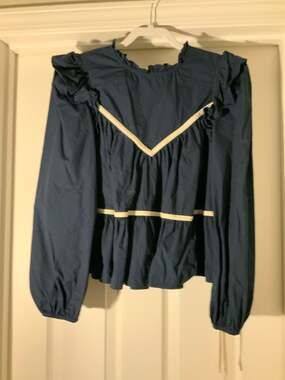 Vestique Navy Blue Ruffled High Neck Contrast Side Tie Detailed Blouse